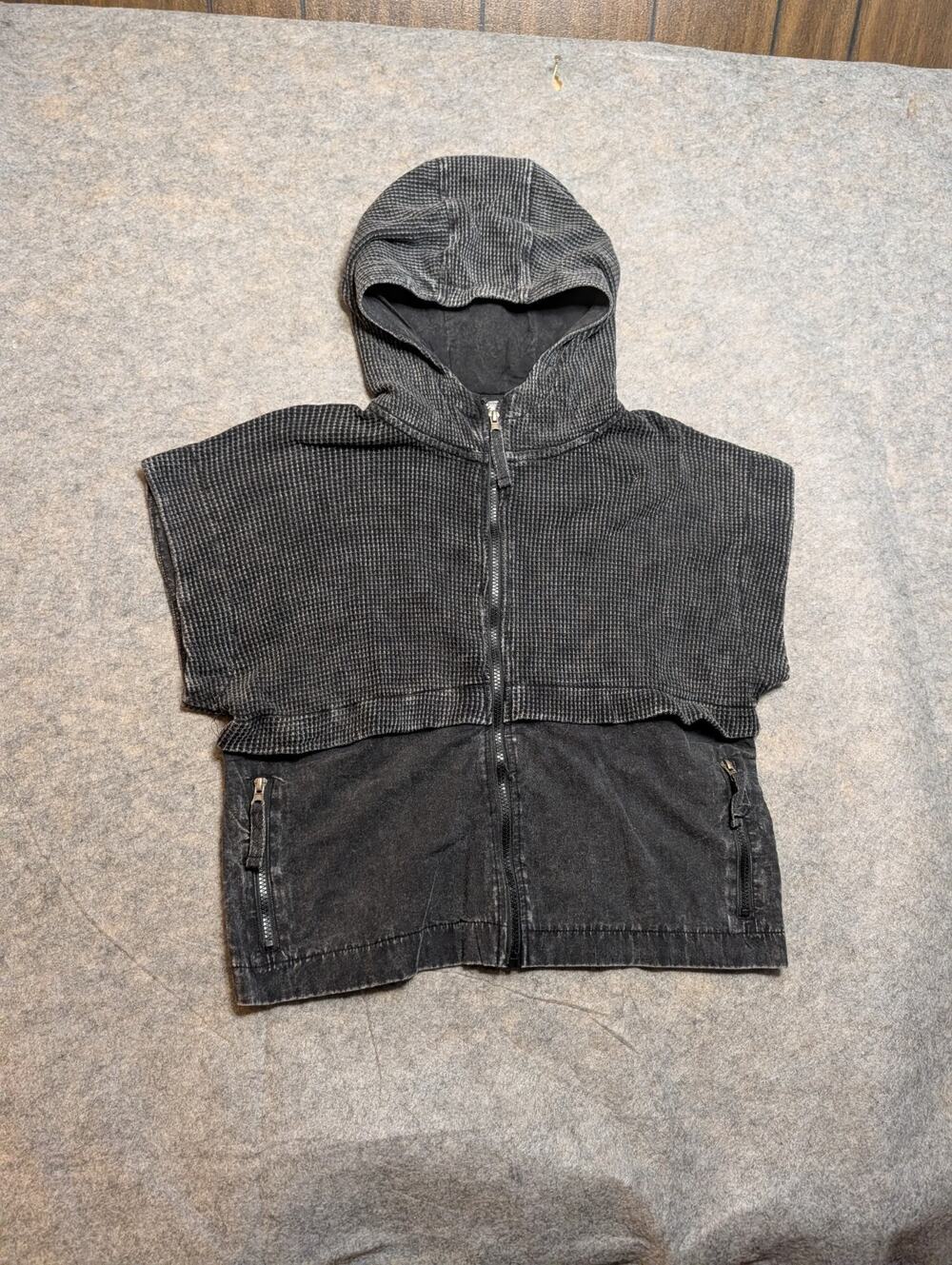 NWT Mono B Large 100% Cotton Black Waffle Full Zip Hoodie Athleisure Shrt Sleeve